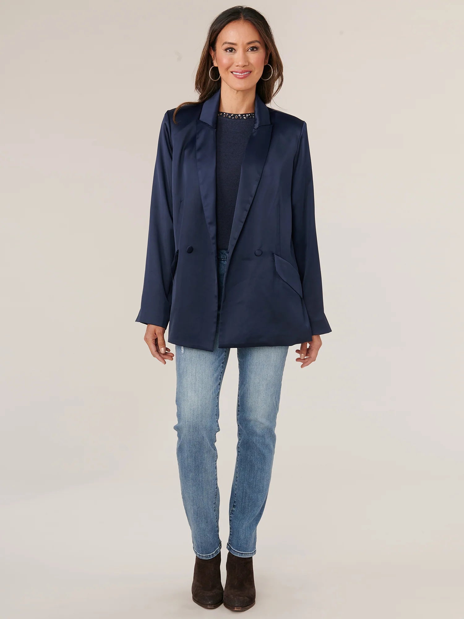Long Sleeve Double Button Angled Flap Pocket Blazer