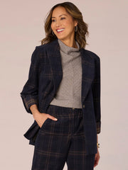 Long Sleeve Roll Tab Single Button Princess Seam Plaid Woven Blazer