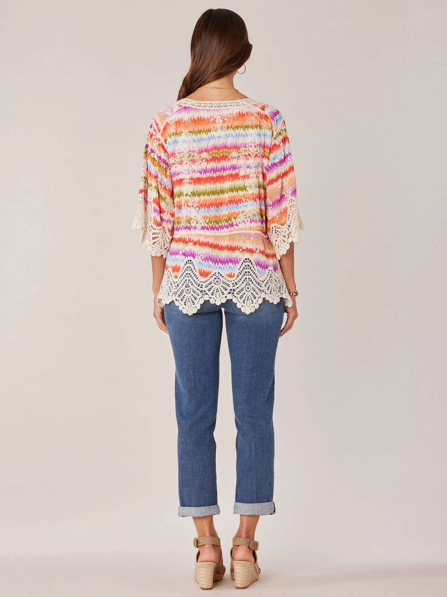 Three Quarter Sleeve V-Notch Neck Peplum Crochet Printed Woven Top