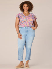 Three Tiered Raglan Sleeve V-Neck Printed Plus Size Knit Top