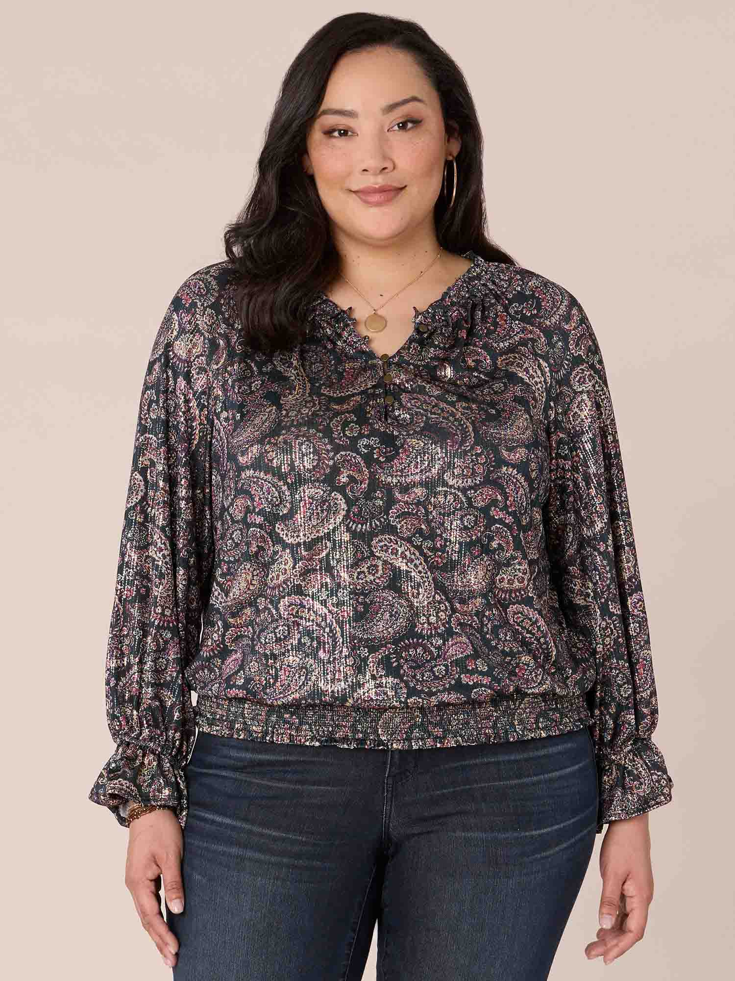 Long Sleeve High Round Neck Printed Plus Size Knit Top
