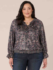 Long Sleeve High Round Neck Printed Plus Size Knit Top