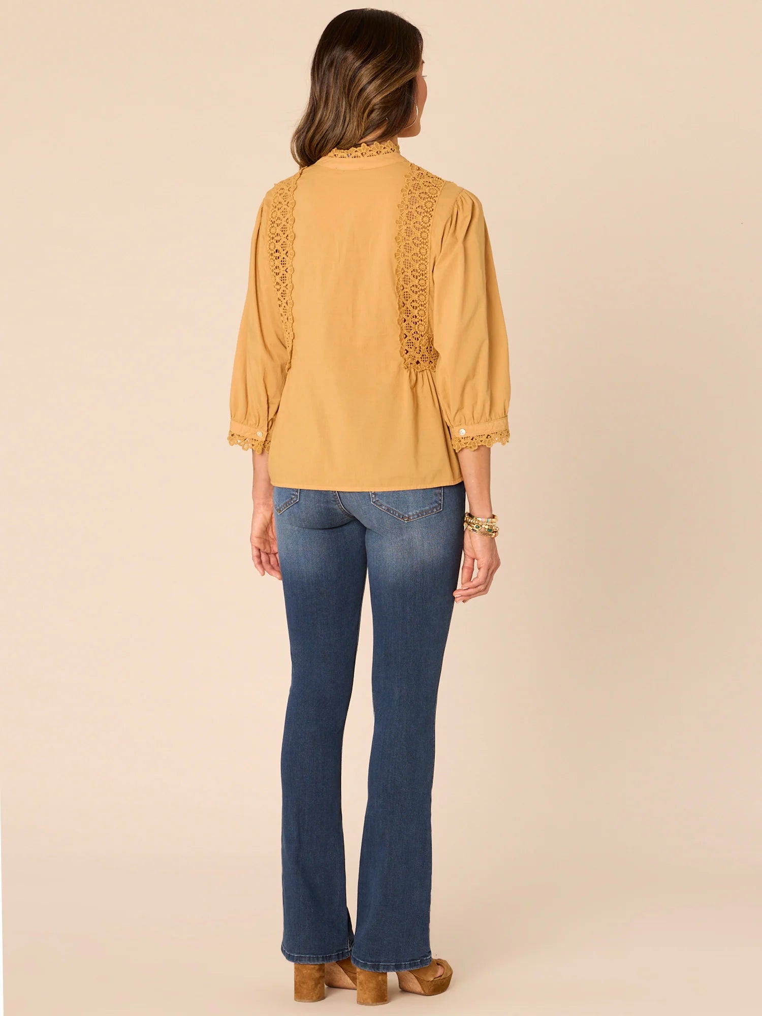 Three Quarter Sleeve Stand Collar Crochet Lace Insert Woven Top