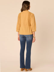 Three Quarter Sleeve Stand Collar Crochet Lace Insert Woven Top