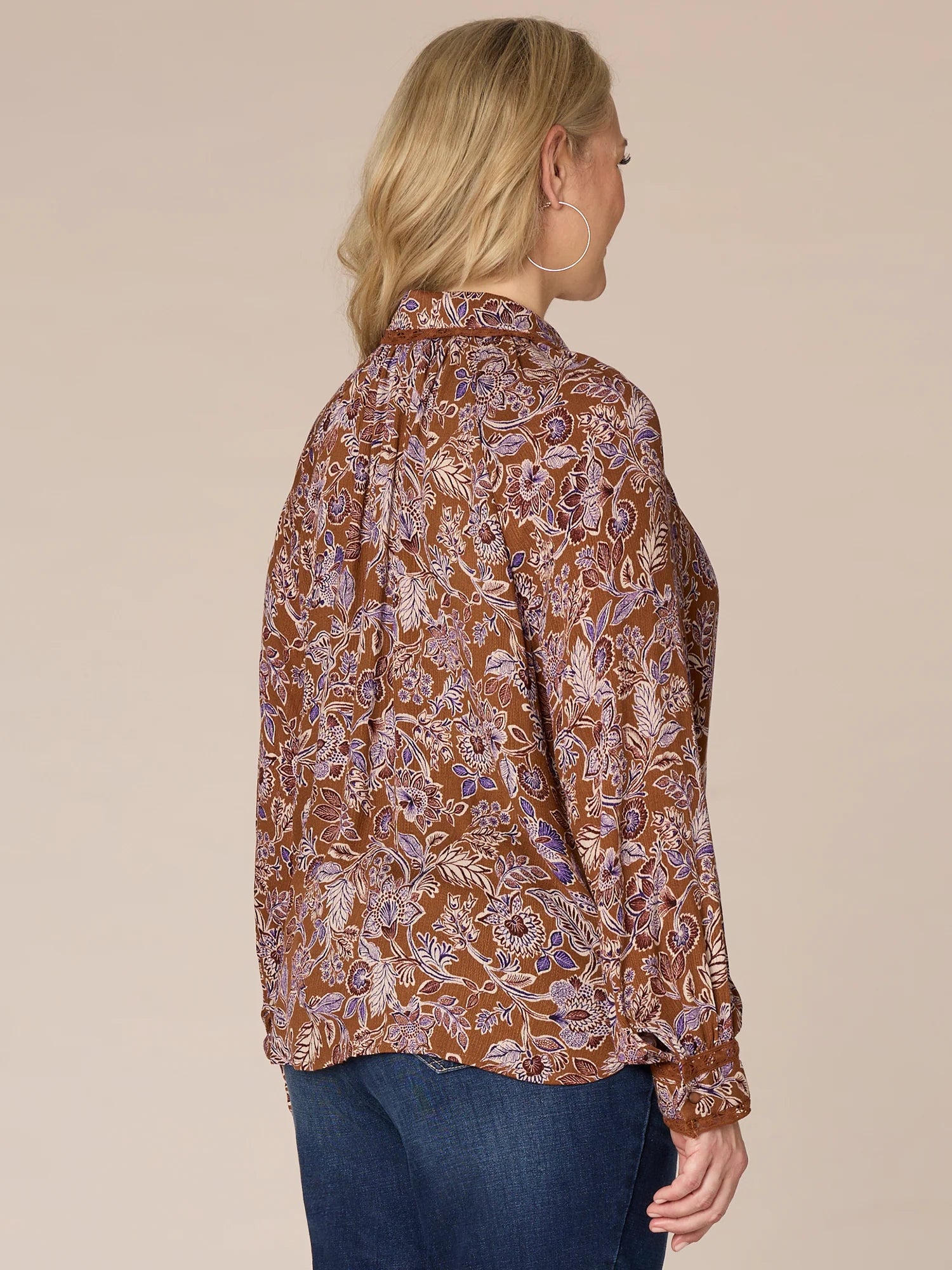 Long Sleeve Collared Crochet Placket Printed Plus Size Woven Shirt