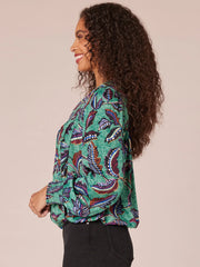 Long Sleeve Overlap Front V-Neck Printed Petite Woven Top
