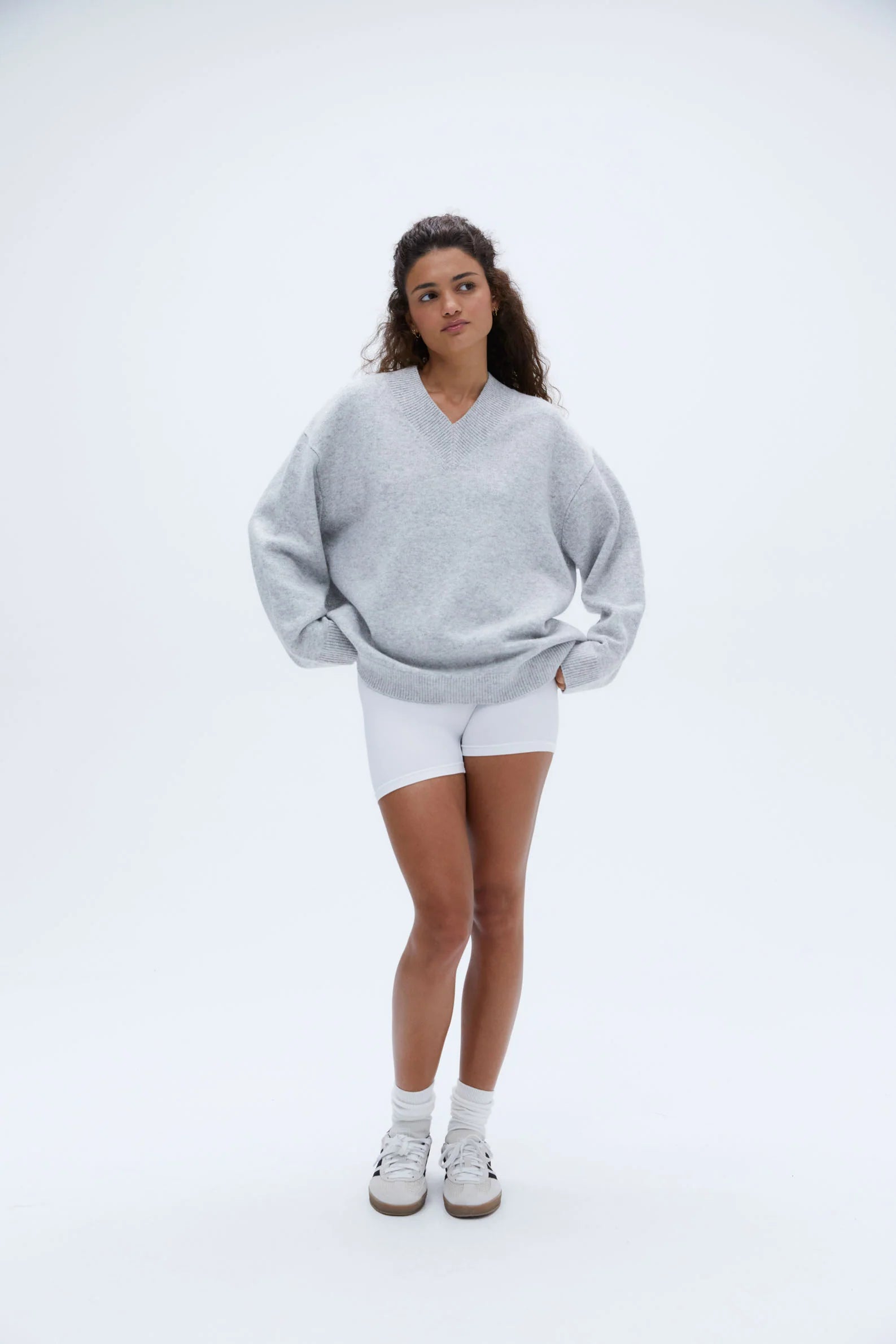 V Neck Oversized Knit Sweatshirt - Light Grey Melange