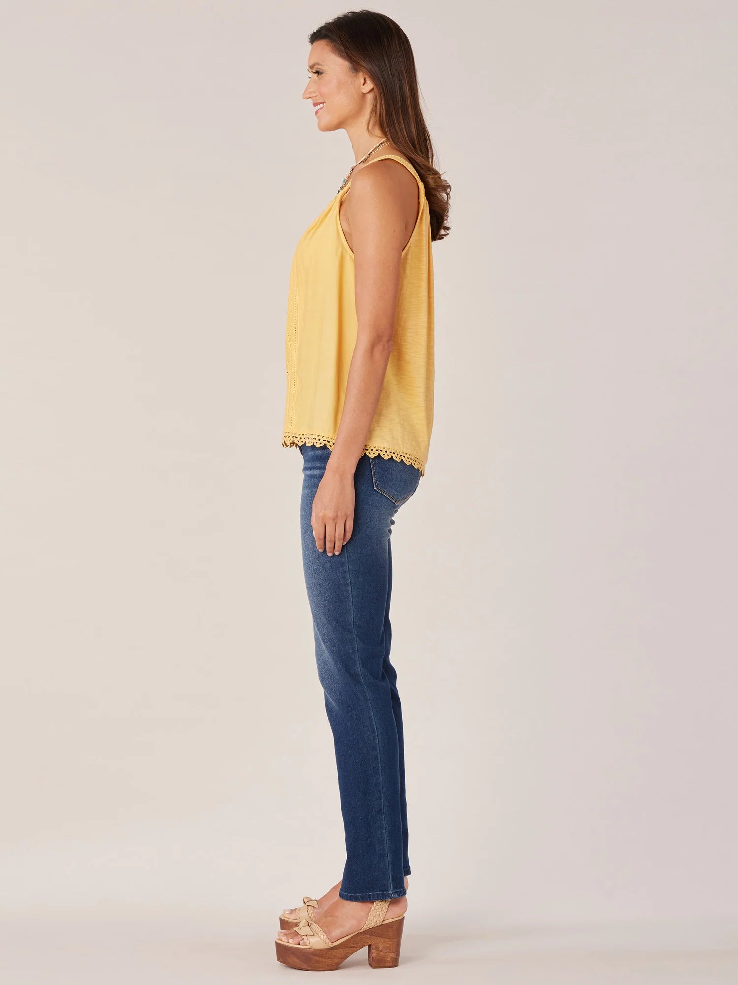 Wide Strap Ruched Square Neck Embroidered Scallop Edge Woven Tank Top