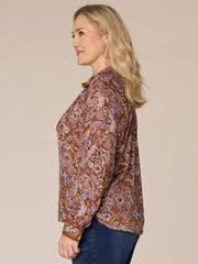 Long Sleeve Collared Crochet Placket Printed Plus Size Woven Shirt