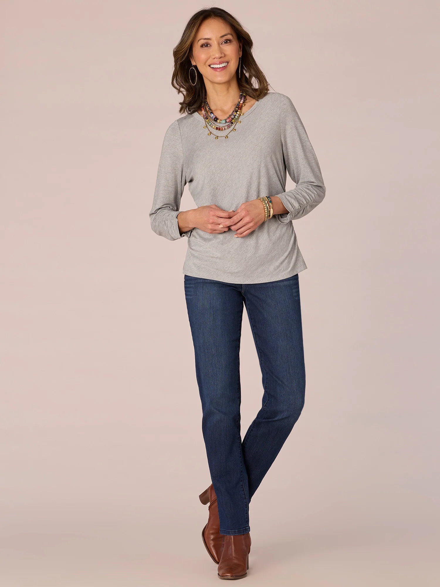 Three Quarter Sleeve Scoop Neck Ruched Side Knit Top