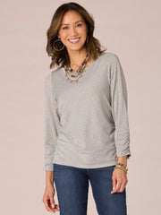 Three Quarter Sleeve Scoop Neck Ruched Side Shiny Petite Knit Top