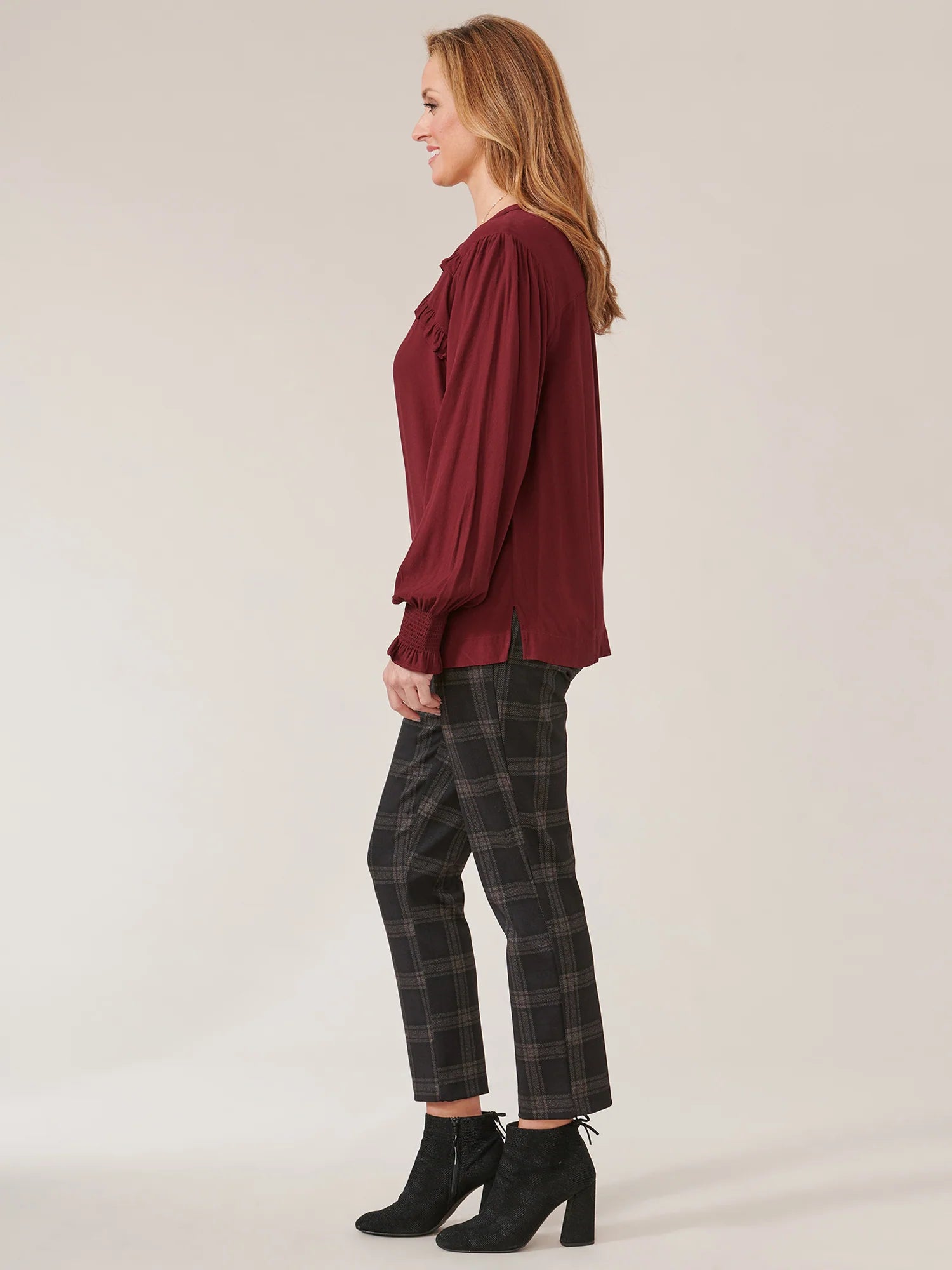 Long Sleeve Open V-Neck Double Ruffle Yoke Woven Top