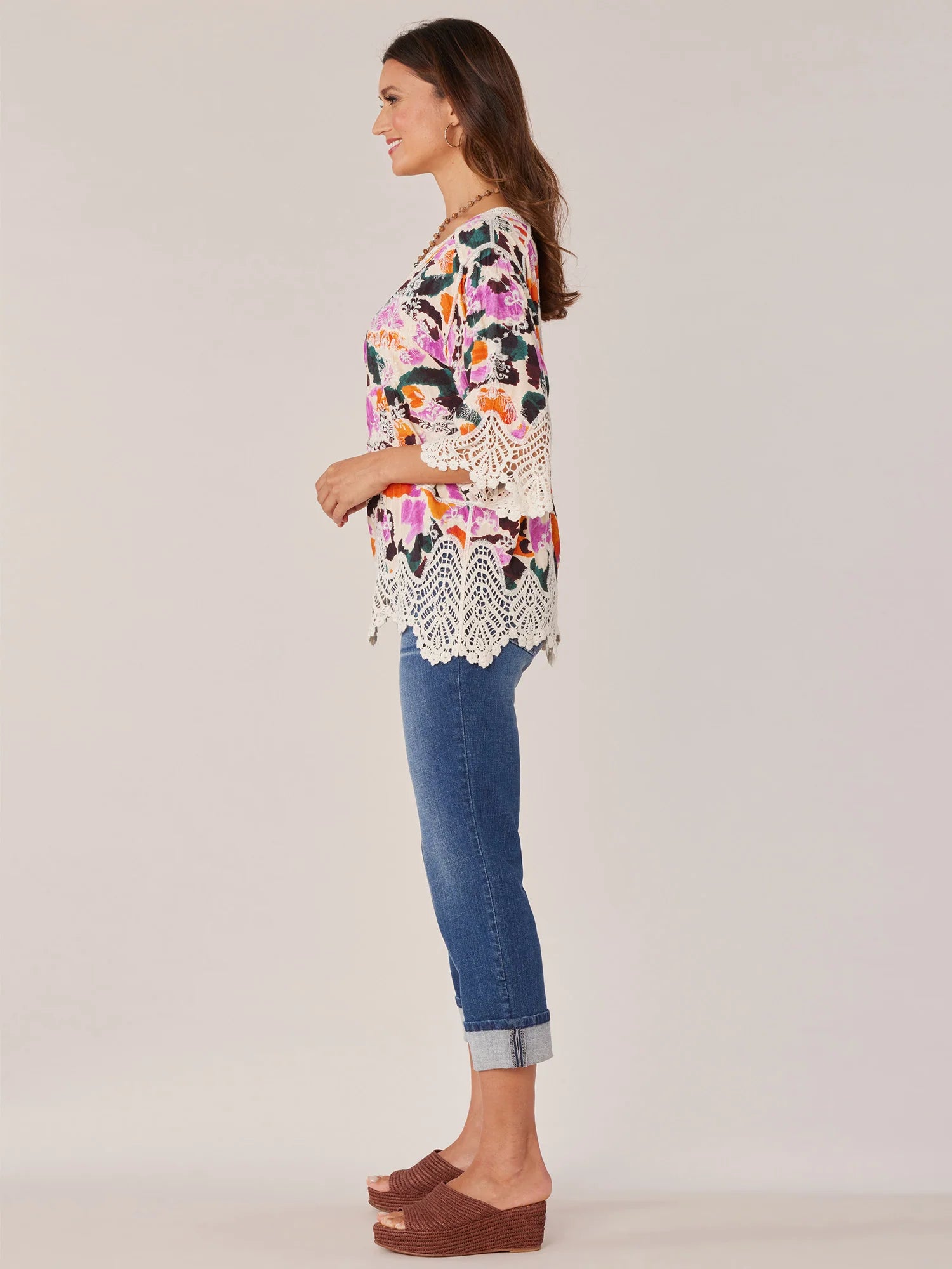 Three Quarter Sleeve V-Notch Neck Peplum Crochet Printed Woven Top