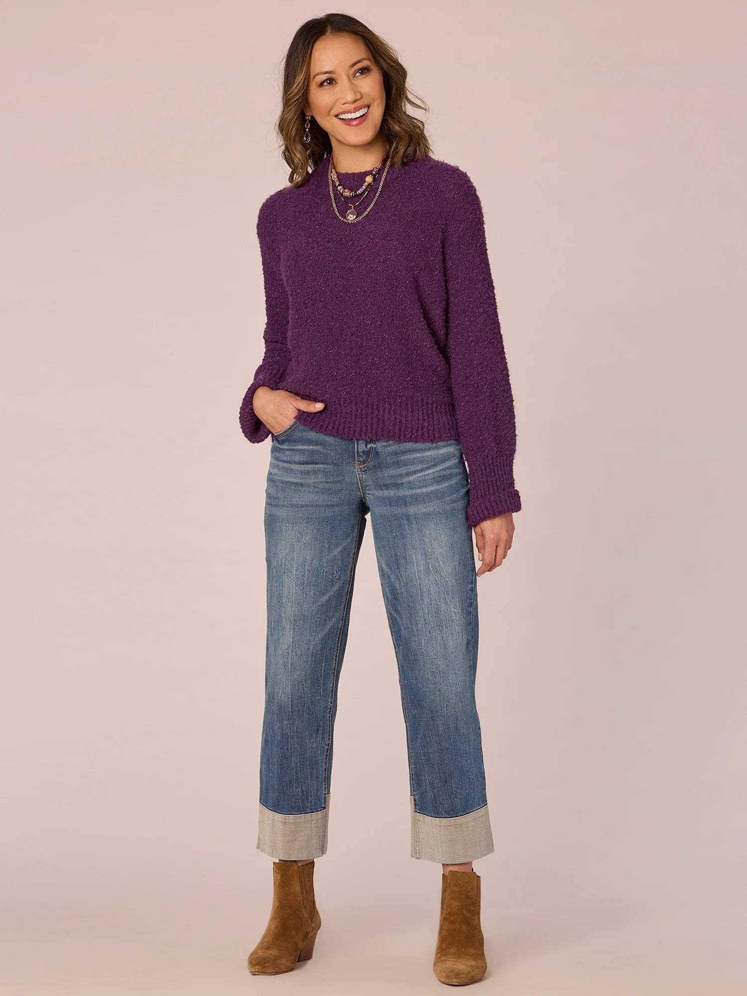 Long Sleeve Double Banded Round Neck Sweater
