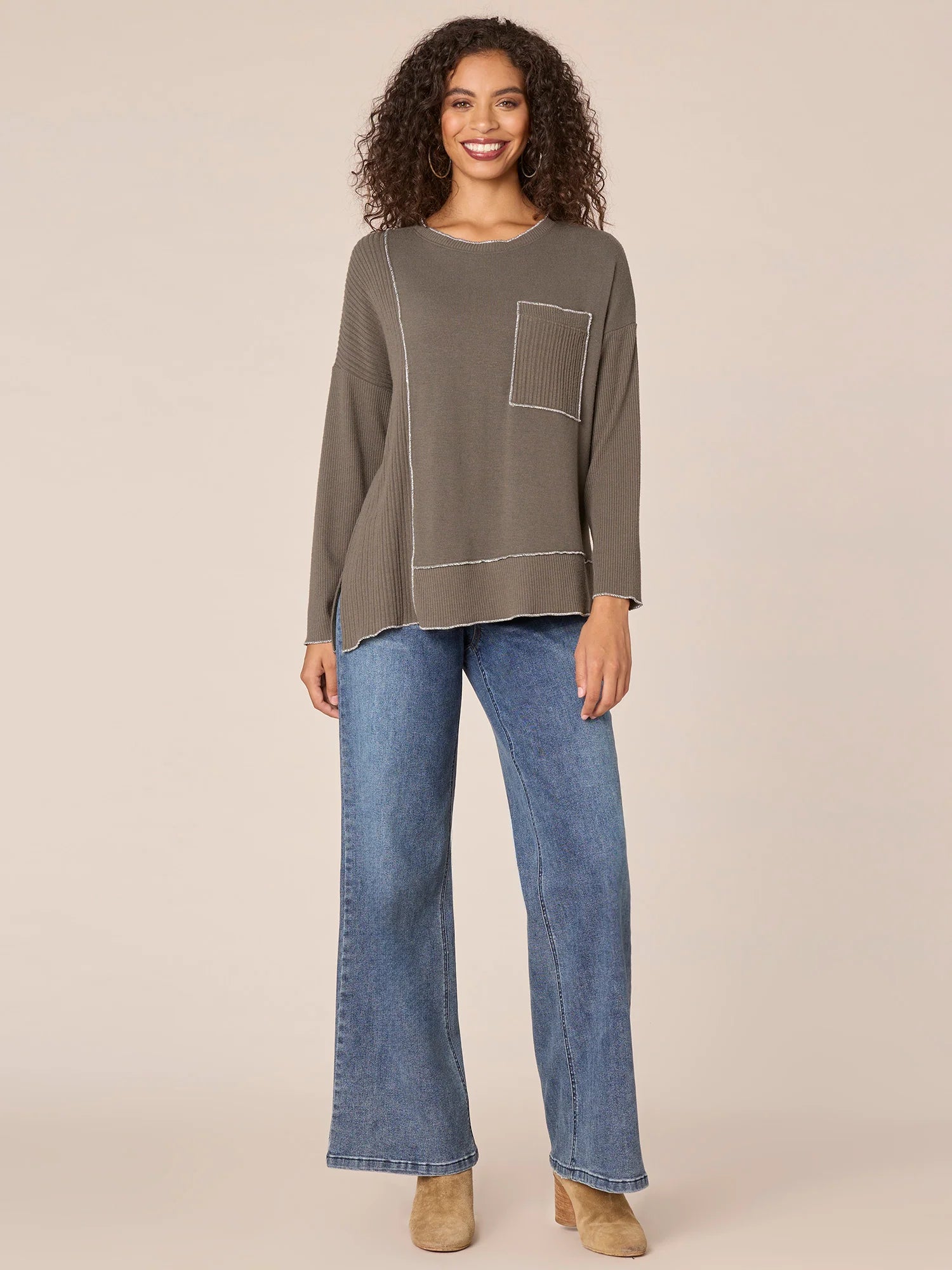 Long Sleeve Scoop Neck Asymmetrical Hem Mixed Media Knit Top