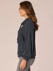 Long Sleeve Double Pocket Petite Knit Top with Funnel Neck Ties