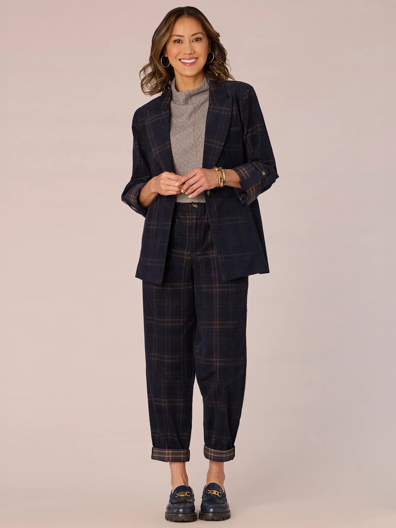 Long Sleeve Roll Tab Single Button Princess Seam Plaid Woven Blazer