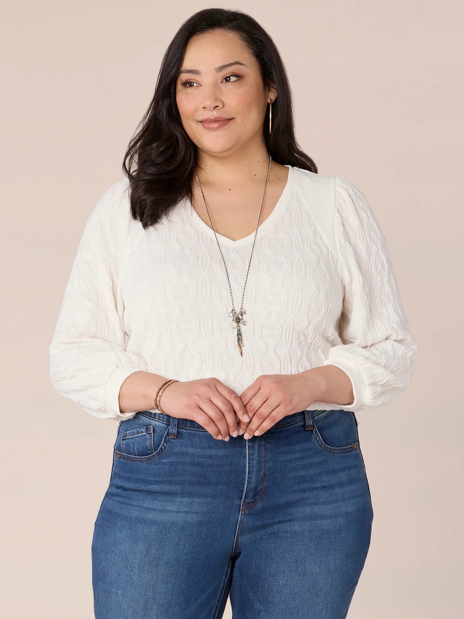 Three Quarter Sleeve Wide V-Neck Plus Size Mixed Media Knit Top