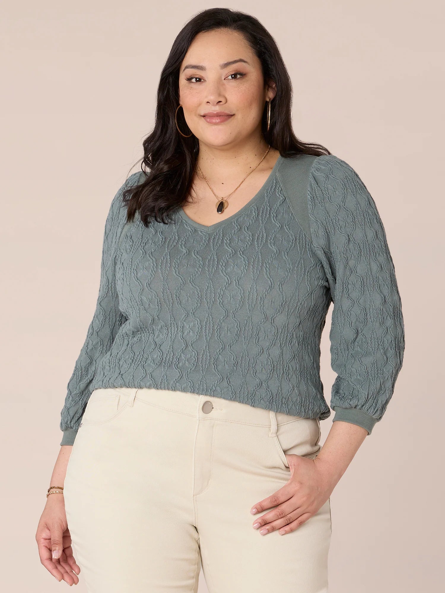 Three Quarter Sleeve Wide V-Neck Plus Size Mixed Media Knit Top