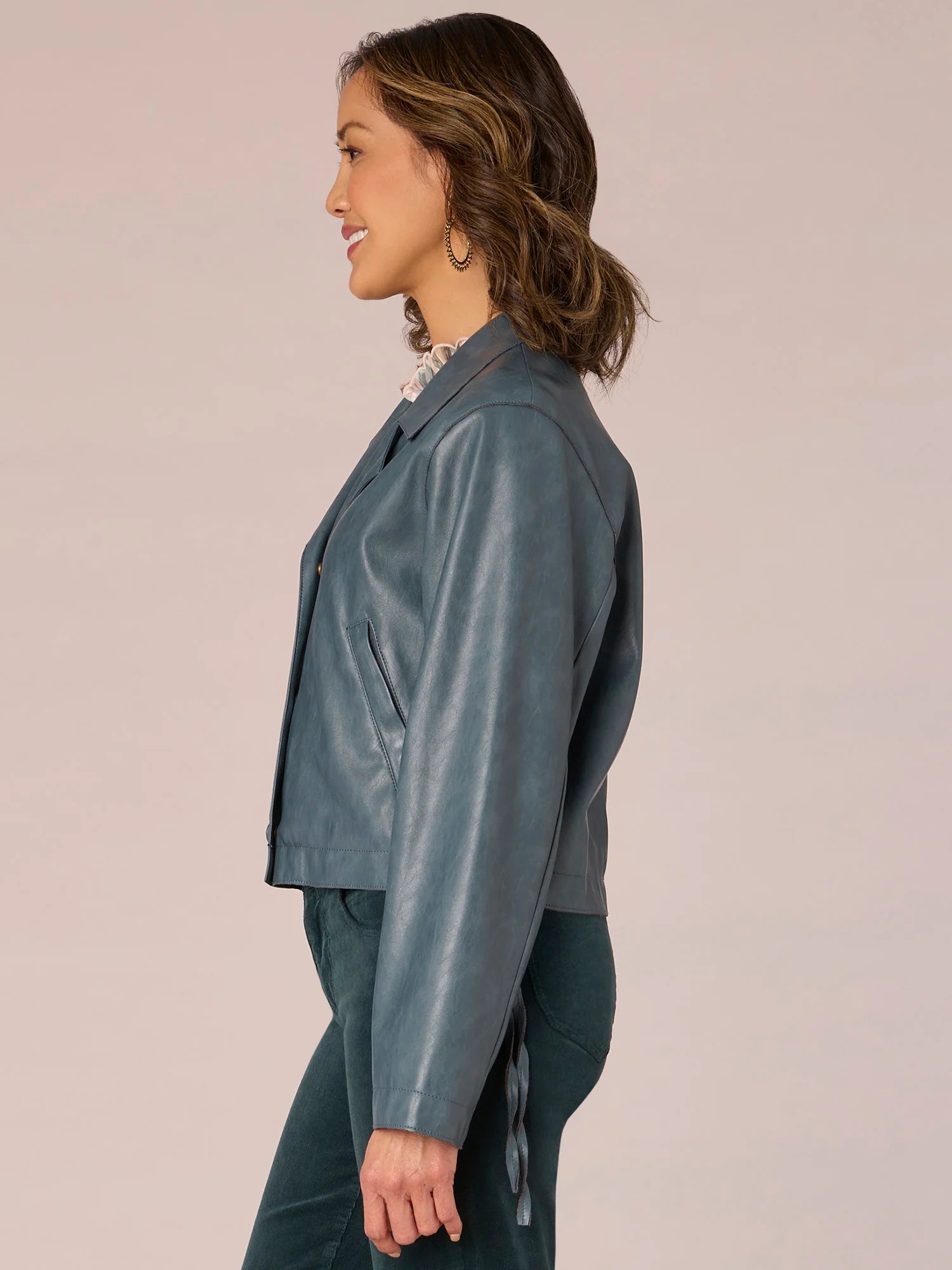Long Sleeve Button Front Cropped Moto Jacket with Lace Down Sides