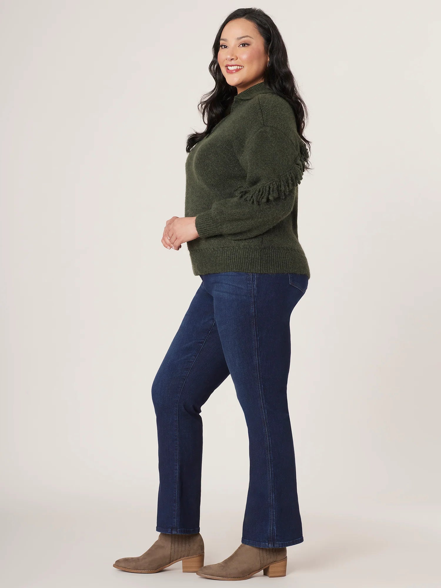 Long Sleeve Johnny Collared Cascading Fringe Yoke Plus Size Sweater