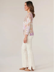 Three Quarter Sleeve Scoop Neck Twisted Hem Printed Petite Knit Top