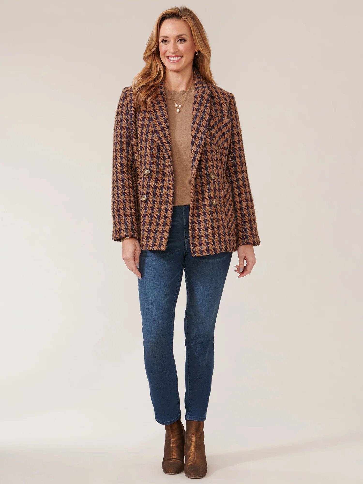 Long Sleeve Patch Pocket Houndstooth Double Breasted Blazer