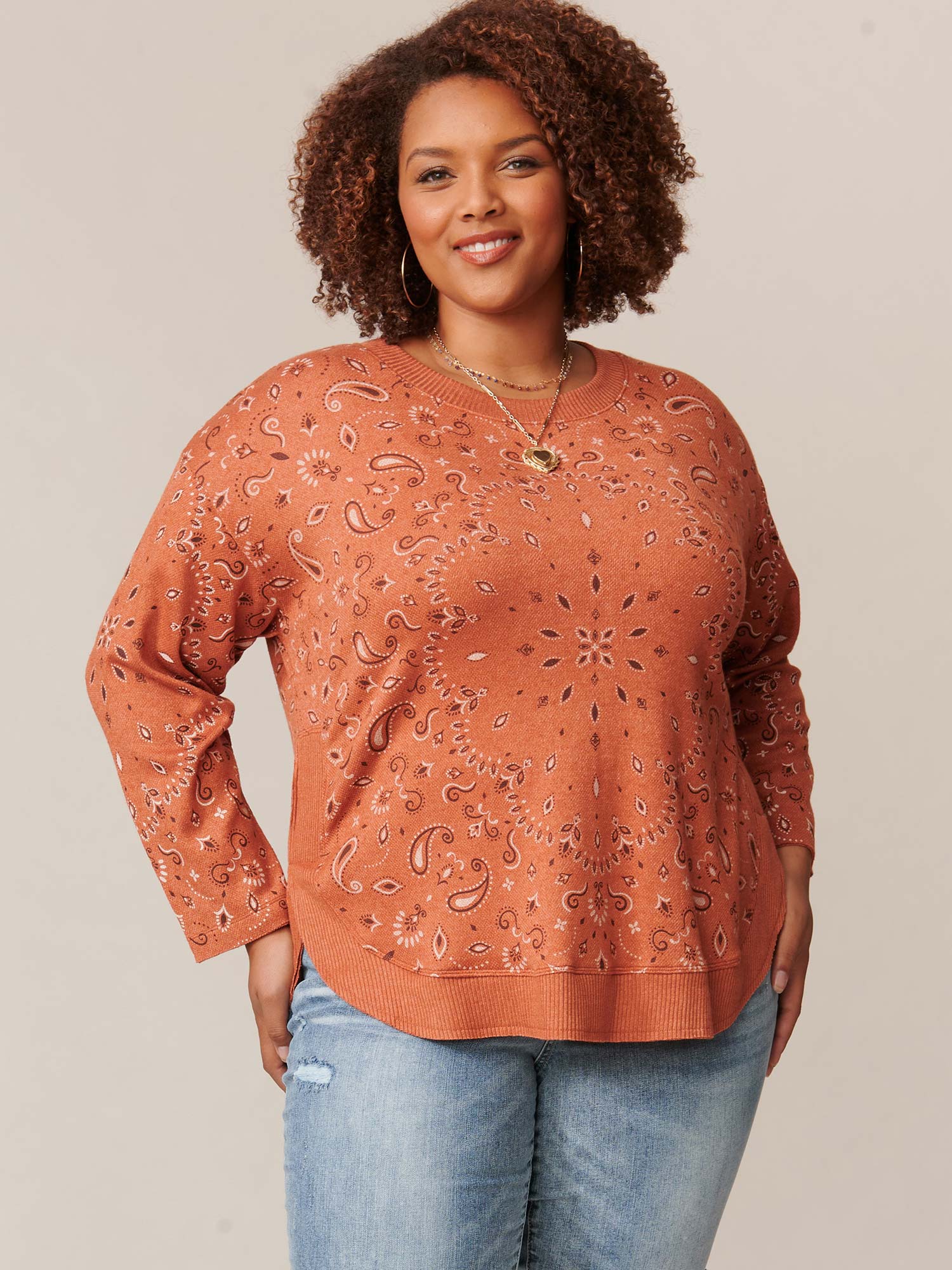 Long Sleeve Boatneck Printed Rounded Hem Plus Knit Top