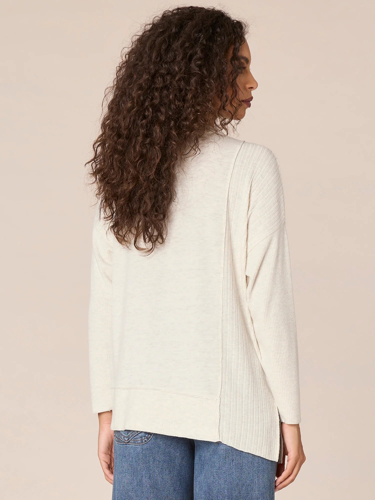 Long Sleeve Scoop Neck Asymmetrical Hem Mixed Media Knit Top