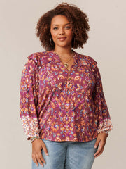 Long Sleeve Ruffle Collar Abstract Placement Print Plus Knit Top
