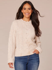 Long Sleeve Scallop Round Neck Pointelle Straight Hem Petite Sweater