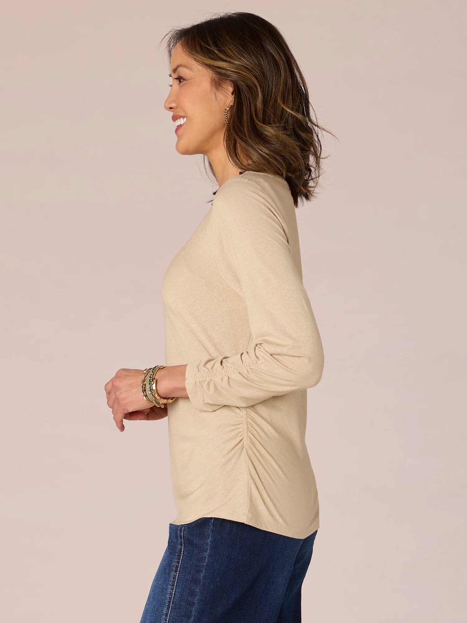 Three Quarter Sleeve Scoop Neck Ruched Side Knit Top