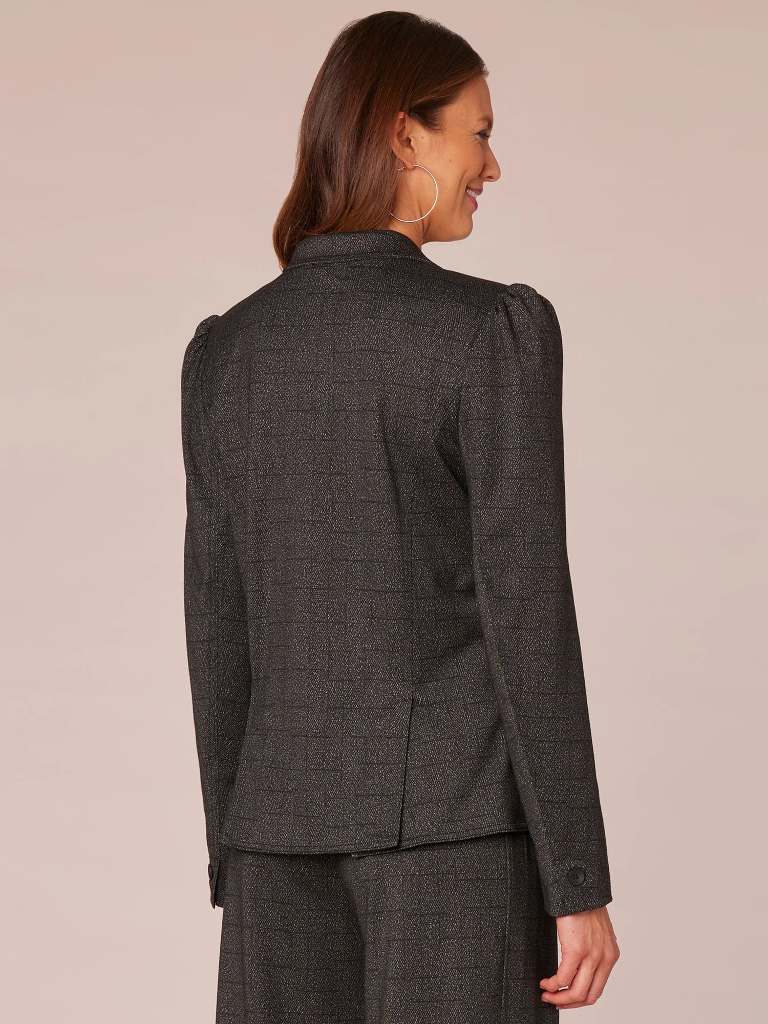 Long Sleeve Puff Shoulder Single Button Woven Blazer with Flap Pockets