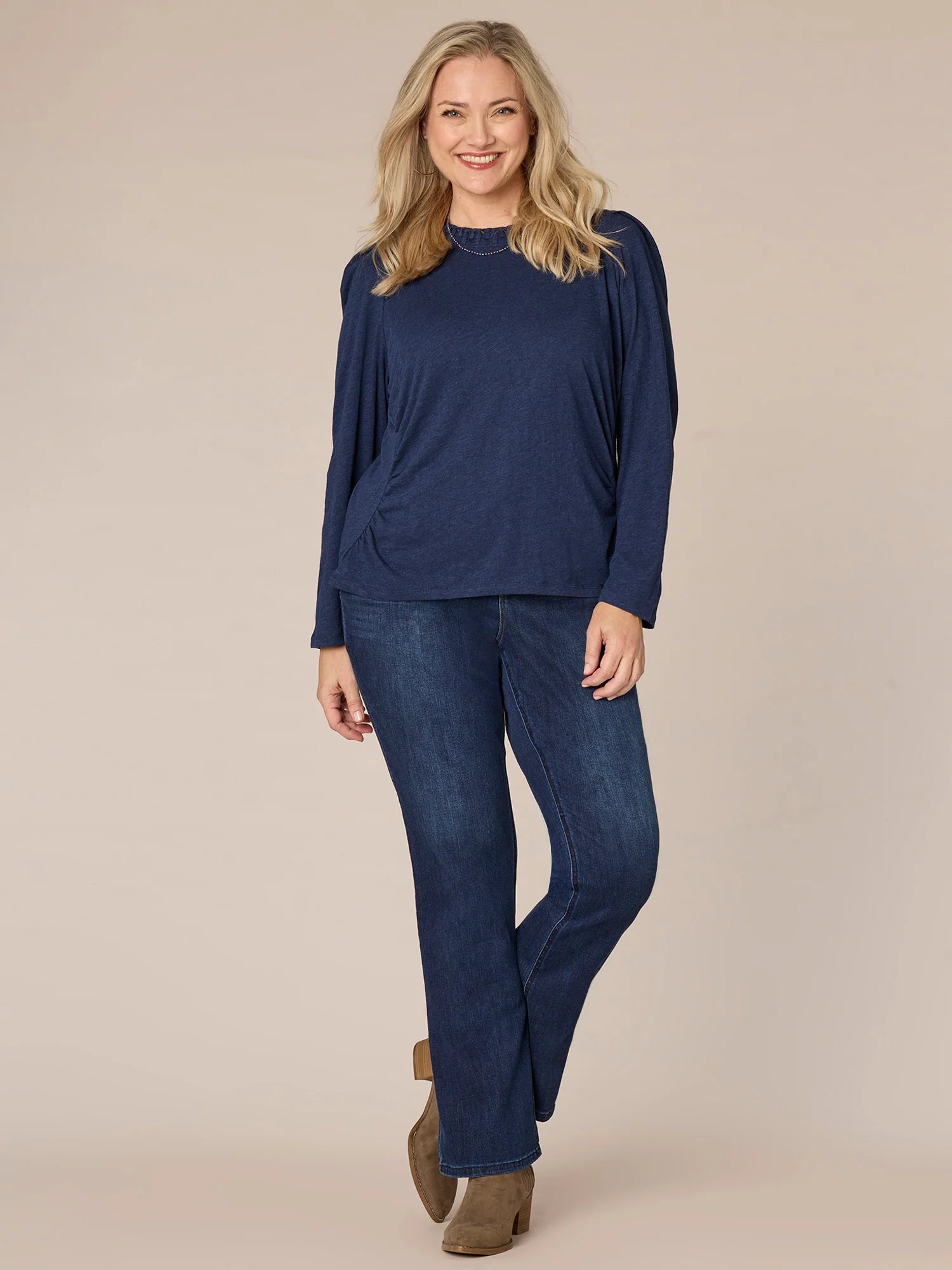 Long Sleeve Ruched Plus Size Knit Top with Soutache Embroidered Neck