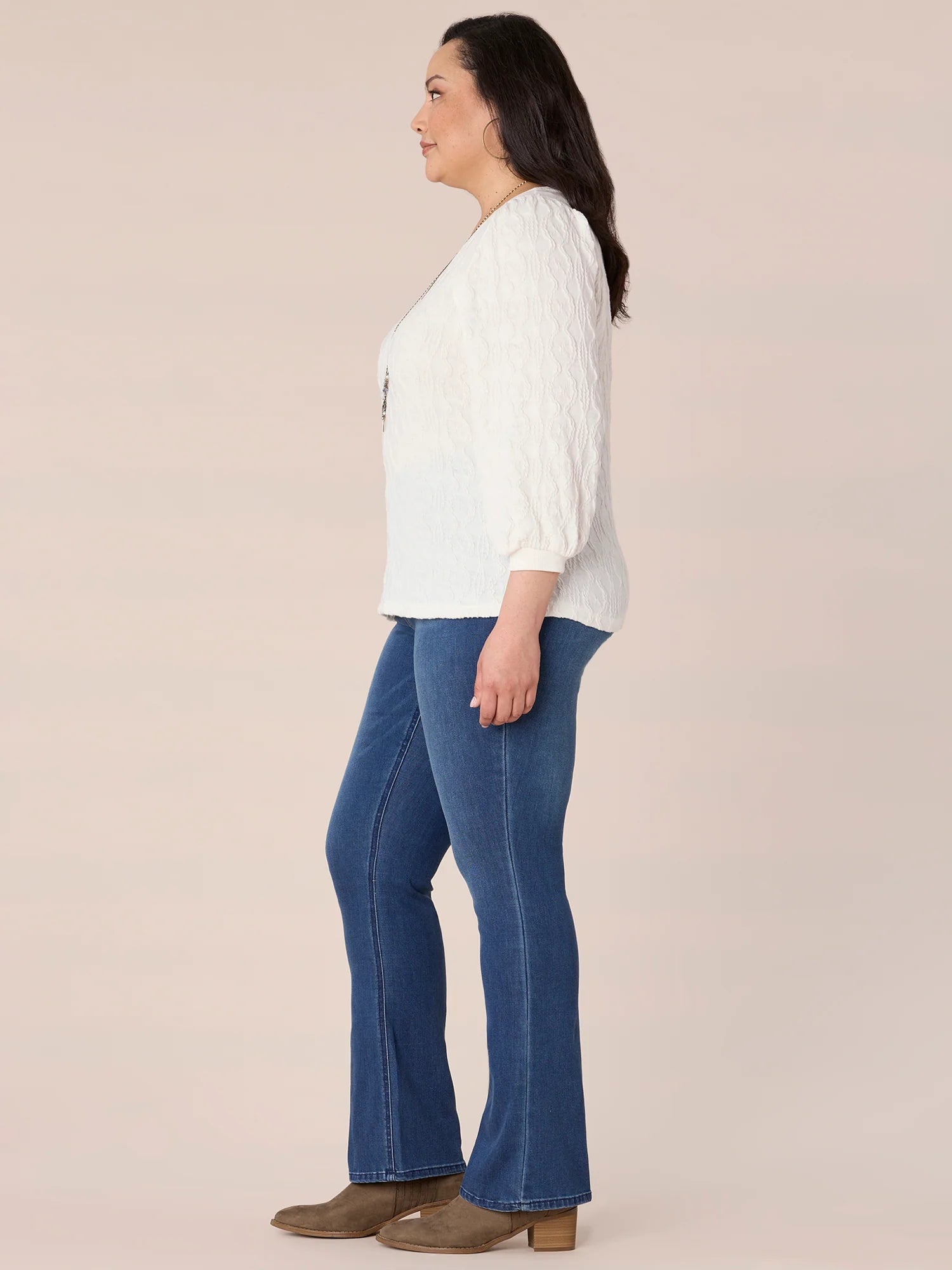 Three Quarter Sleeve Wide V-Neck Plus Size Mixed Media Knit Top