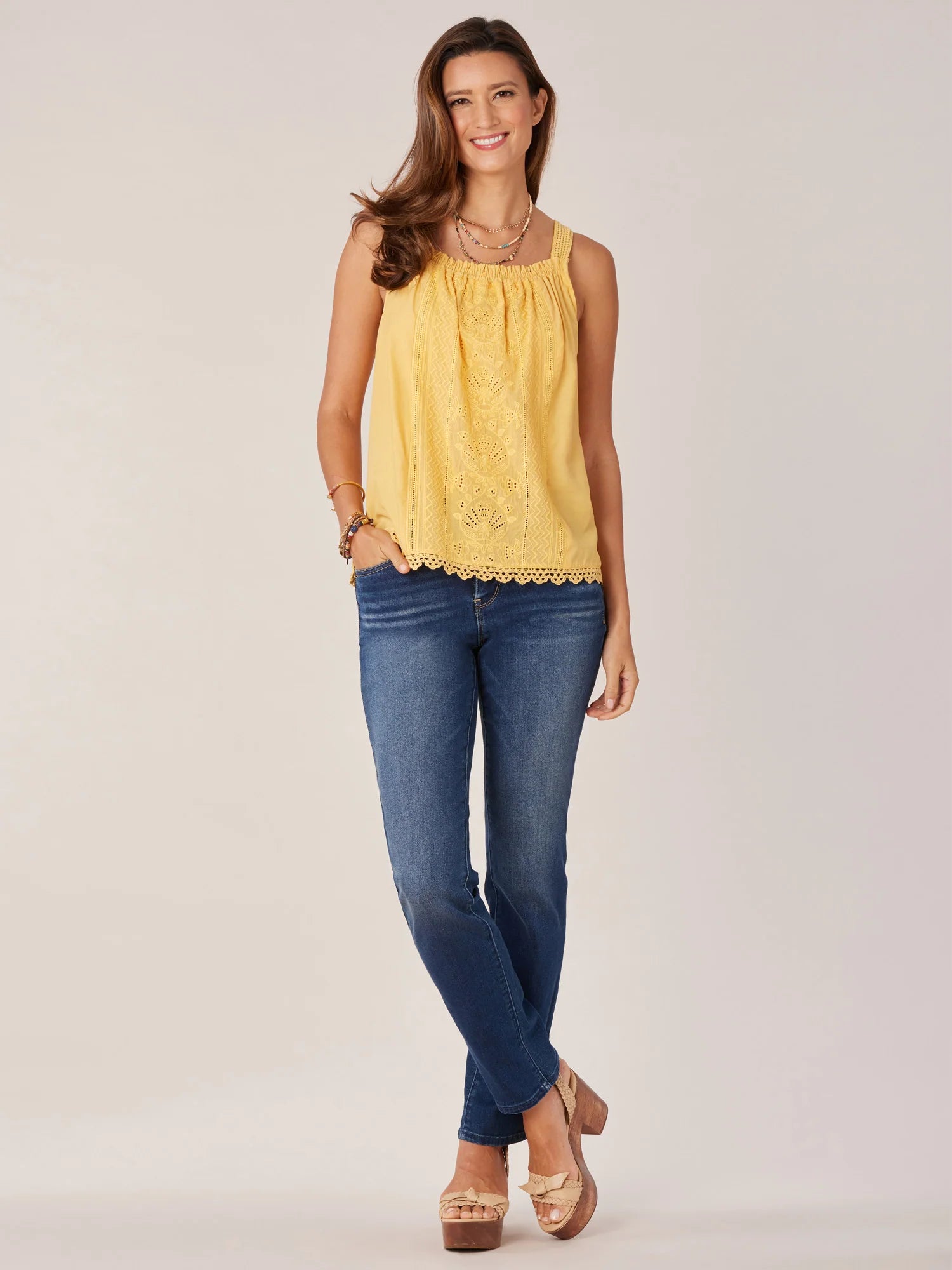 Wide Strap Ruched Square Neck Embroidered Scallop Edge Woven Tank Top