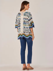 Three Quarter Sleeve Wavy Crochet Border Printed Kimono