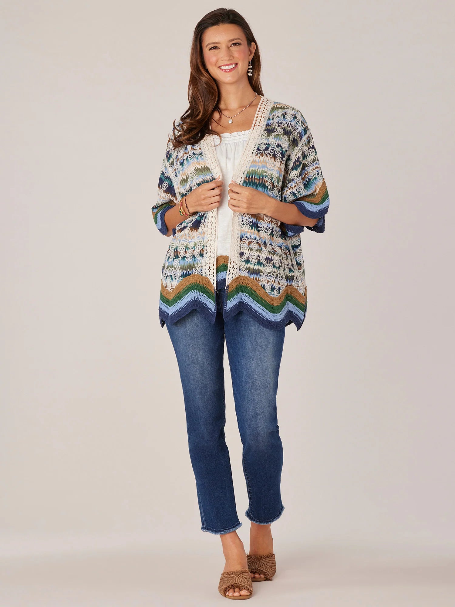 Three Quarter Sleeve Wavy Crochet Border Printed Kimono