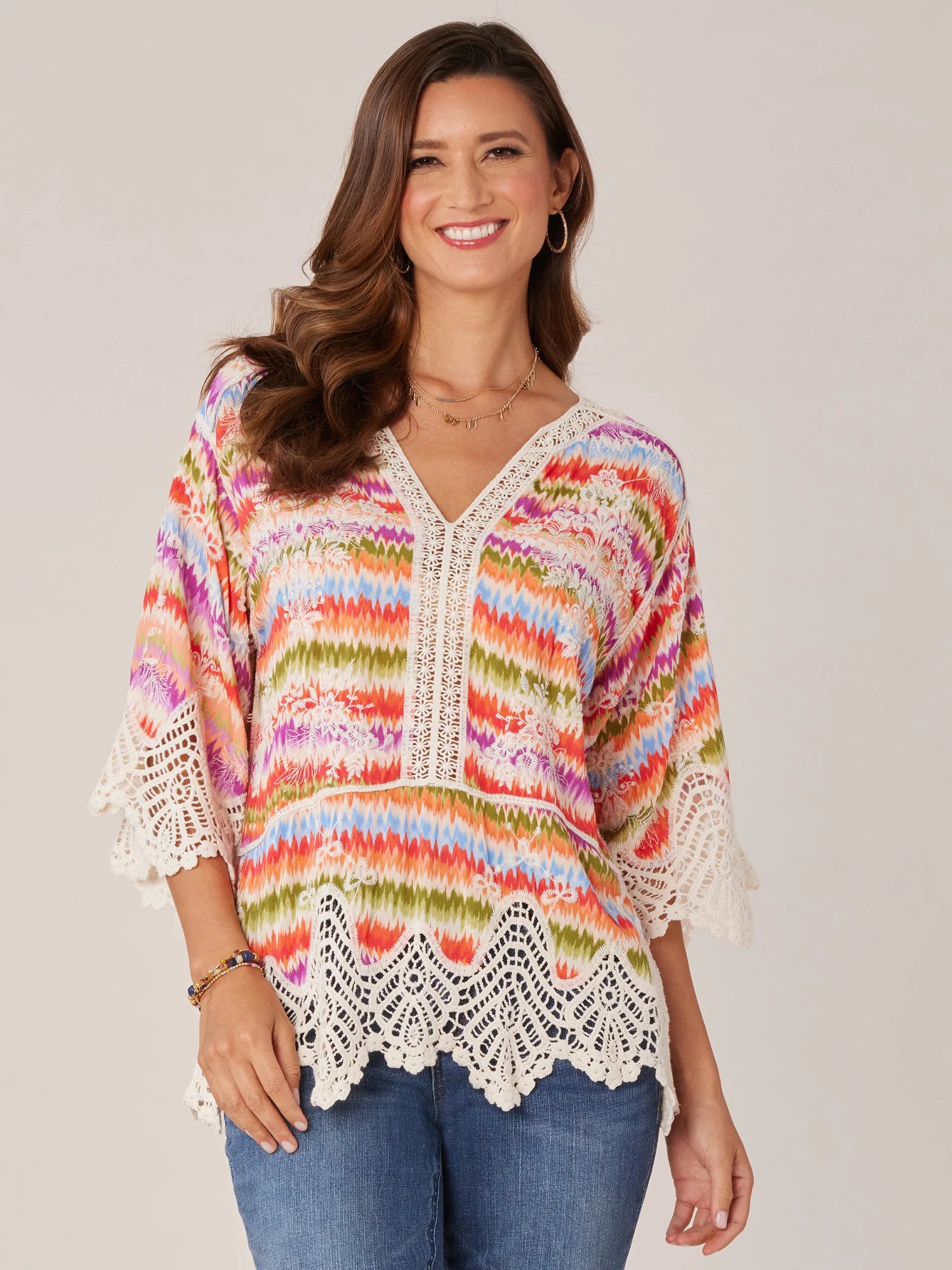 Three Quarter Sleeve V-Notch Neck Peplum Crochet Printed Woven Top