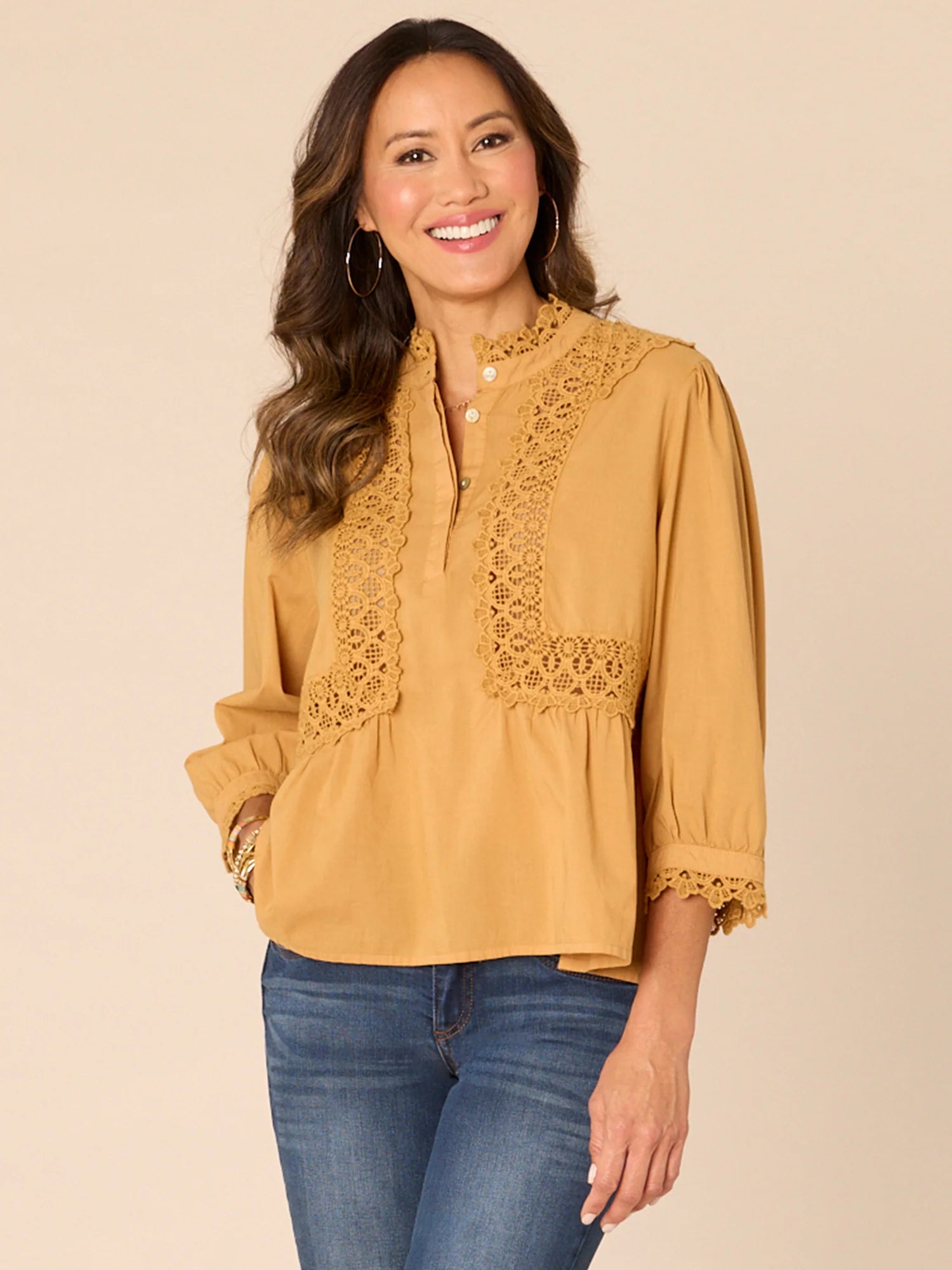 Three Quarter Sleeve Stand Collar Crochet Lace Insert Woven Top