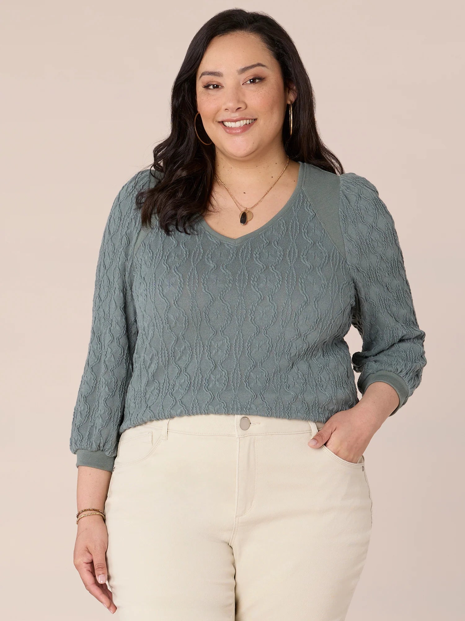 Three Quarter Sleeve Wide V-Neck Plus Size Mixed Media Knit Top