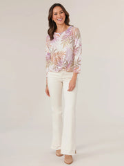 Three Quarter Sleeve Scoop Neck Twist Hem Abstract Print Knit Top