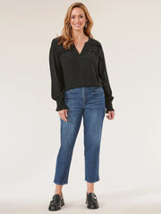 Long Sleeve Open V-Neck Double Ruffle Yoke Woven Top