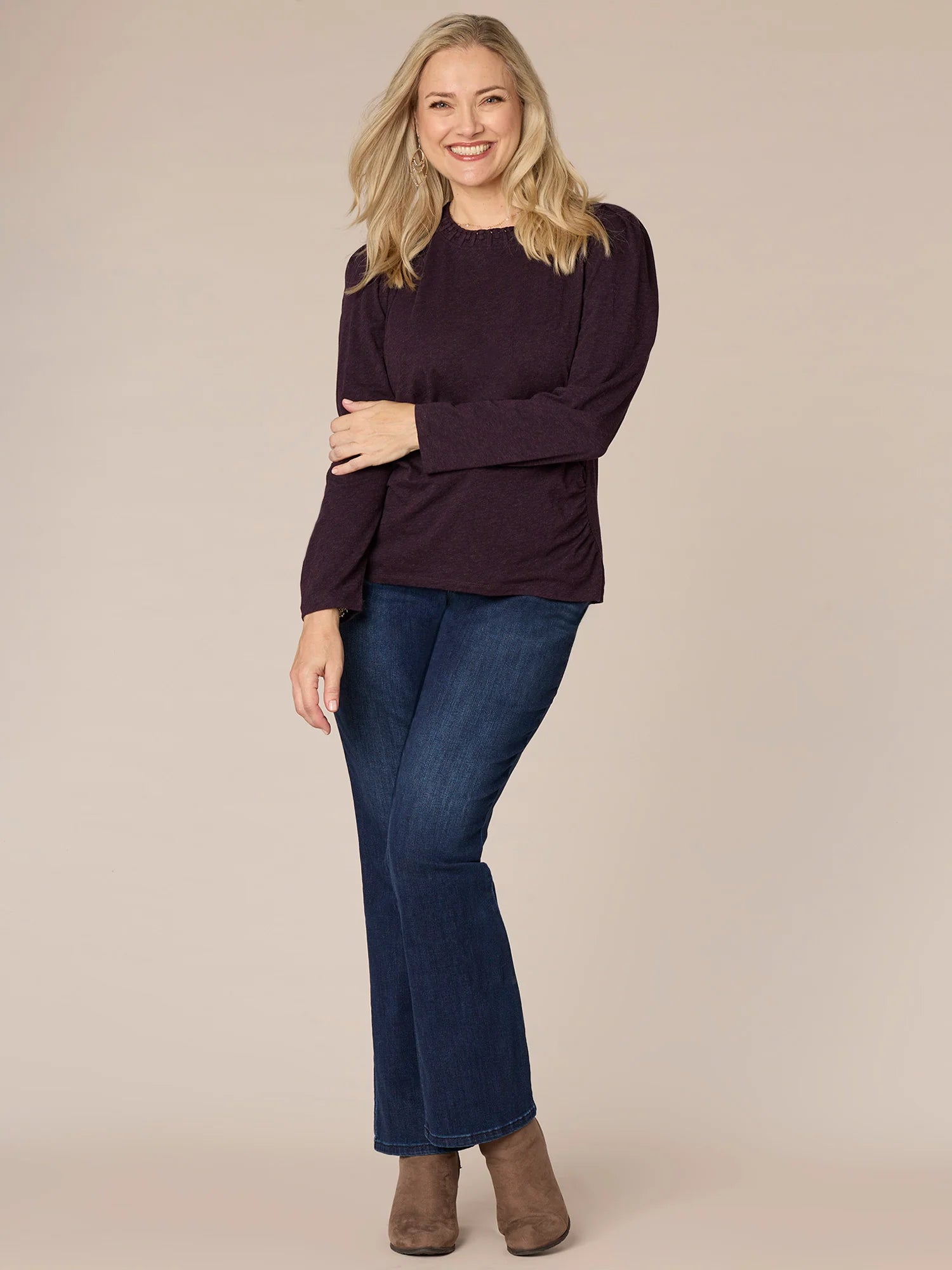 Long Sleeve Ruched Plus Size Knit Top with Soutache Embroidered Neck