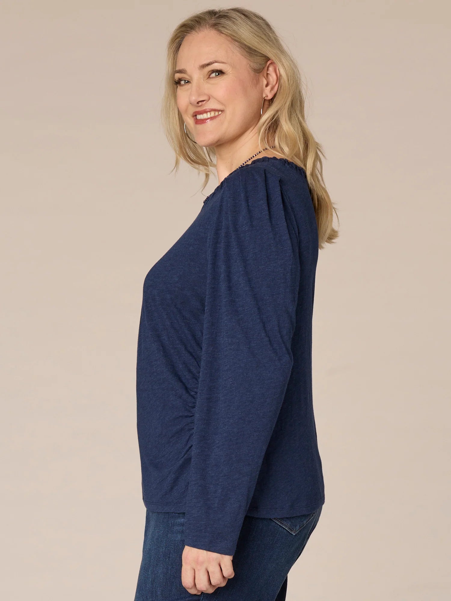 Long Sleeve Ruched Plus Size Knit Top with Soutache Embroidered Neck