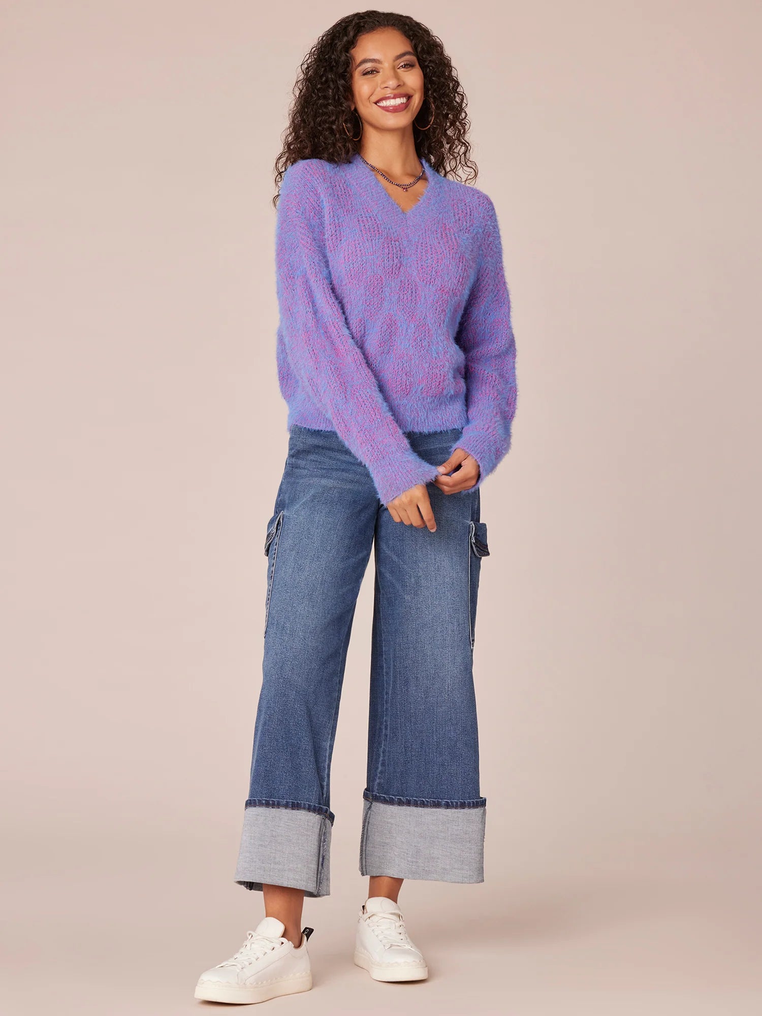 Long Sleeve Double V-Neck Two Tone Eyelash Sweater