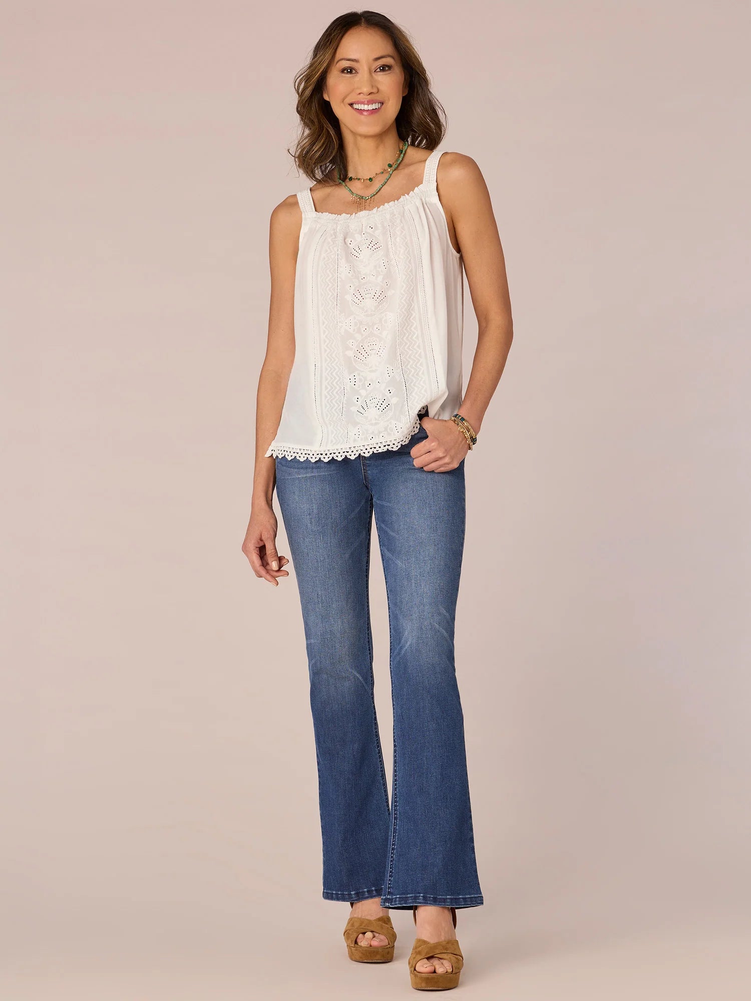 Wide Strap Ruched Square Neck Embroidered Scallop Edge Woven Tank Top