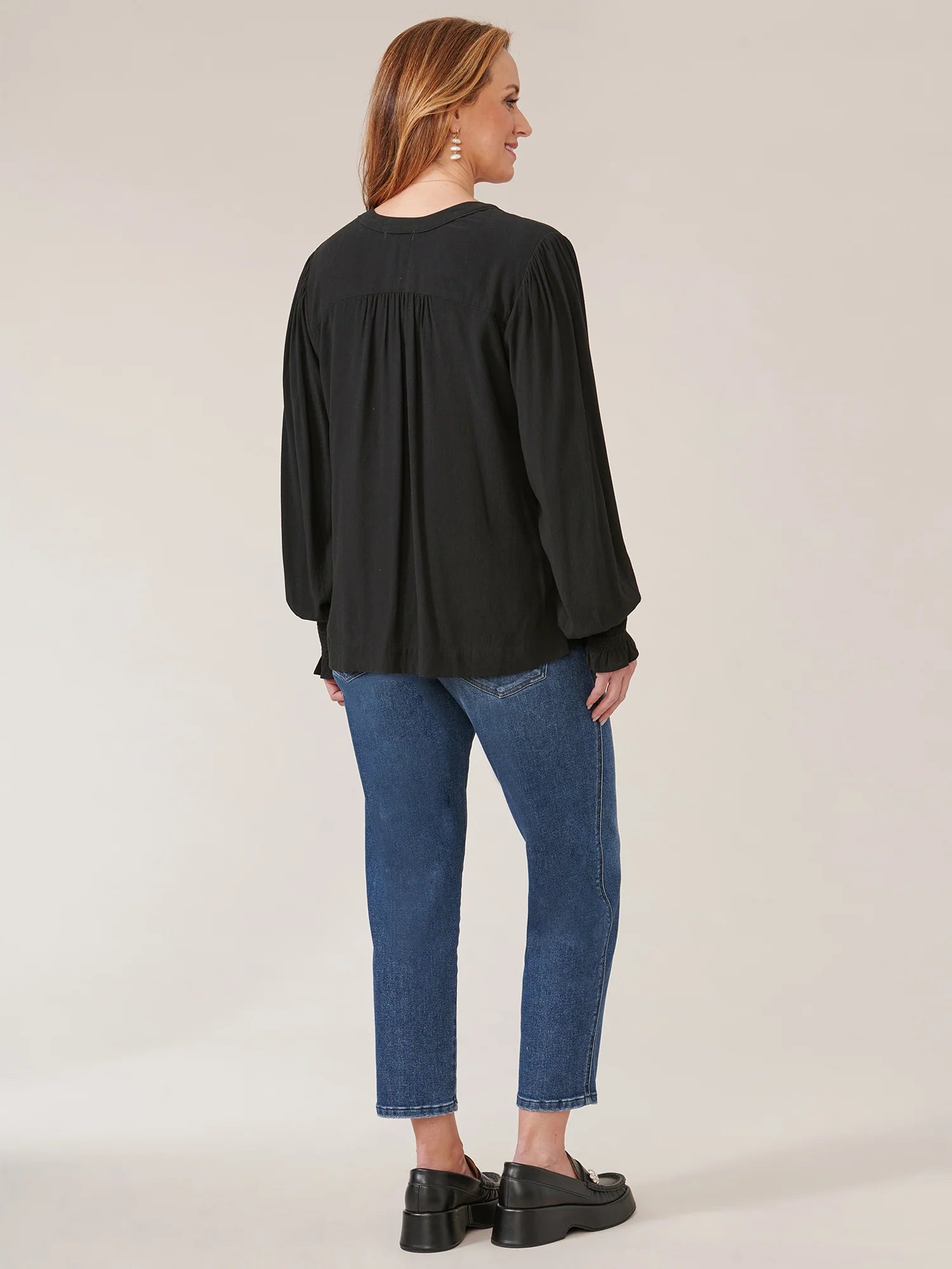 Long Sleeve Open V-Neck Double Ruffle Yoke Woven Top