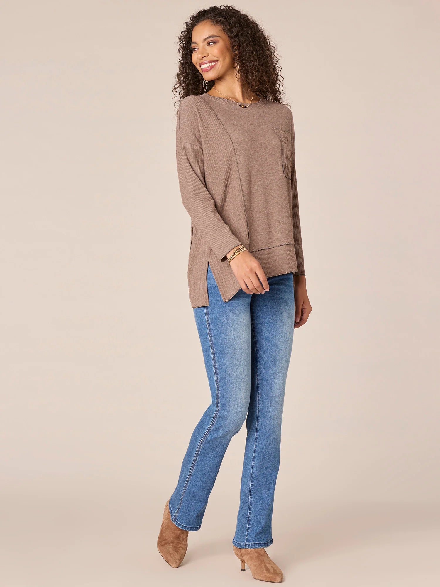 Long Sleeve Scoop Neck Asymmetrical Hem Mixed Media Knit Top