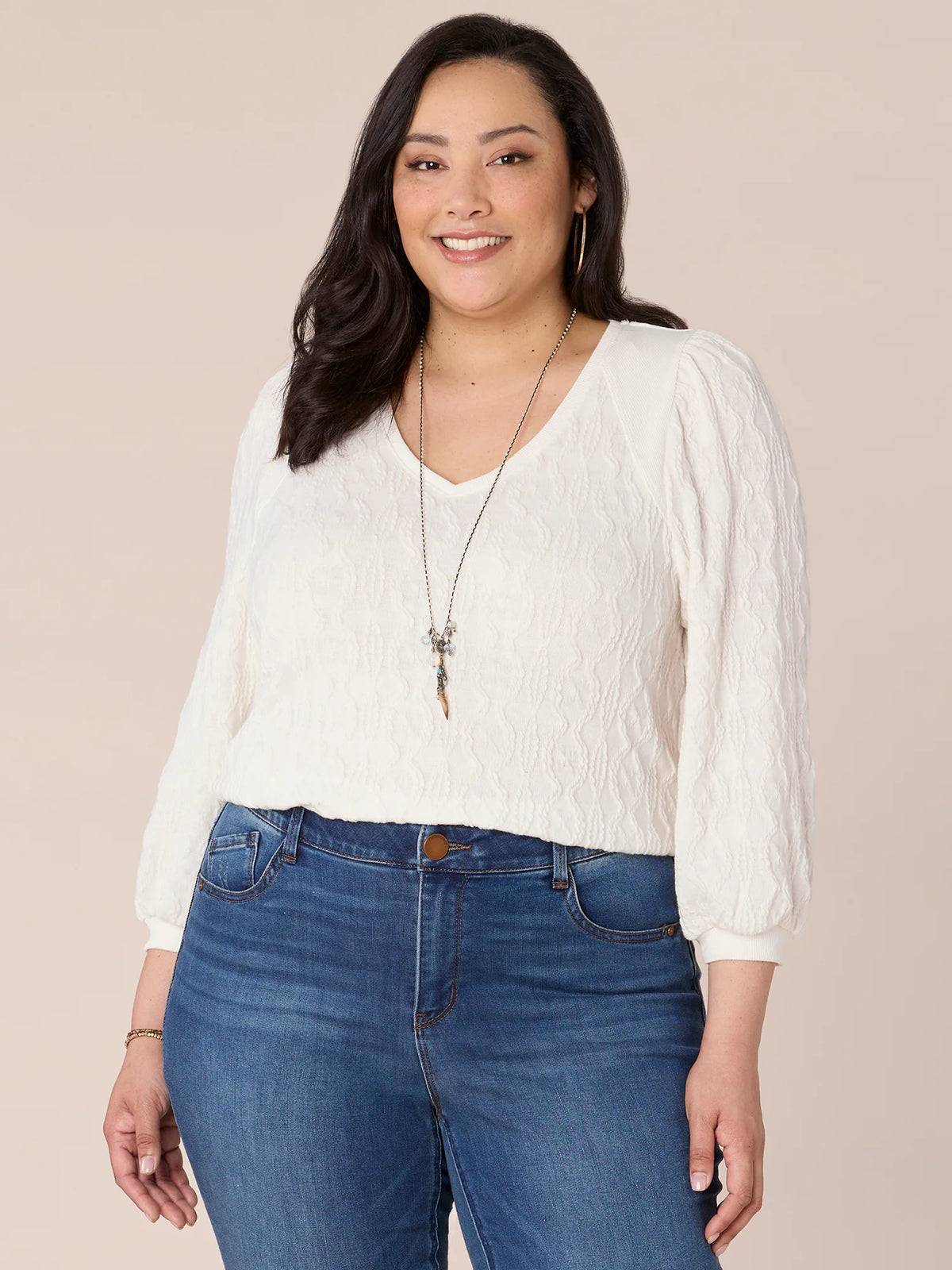 Three Quarter Sleeve Wide V-Neck Plus Size Mixed Media Knit Top